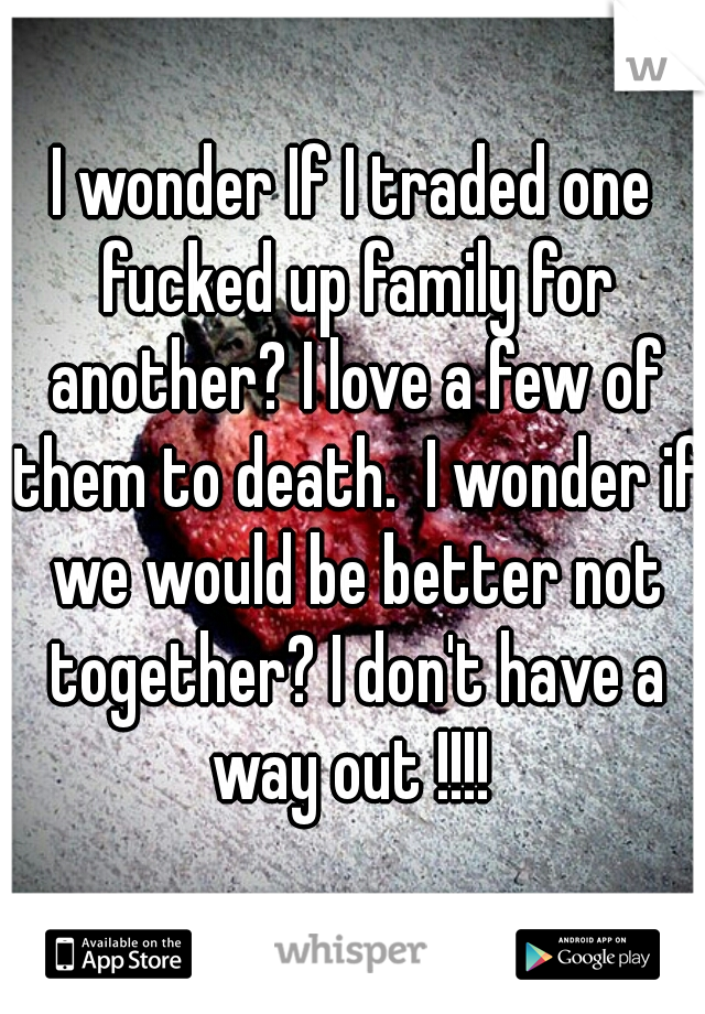 I wonder If I traded one fucked up family for another? I love a few of them to death.  I wonder if we would be better not together? I don't have a way out !!!! 