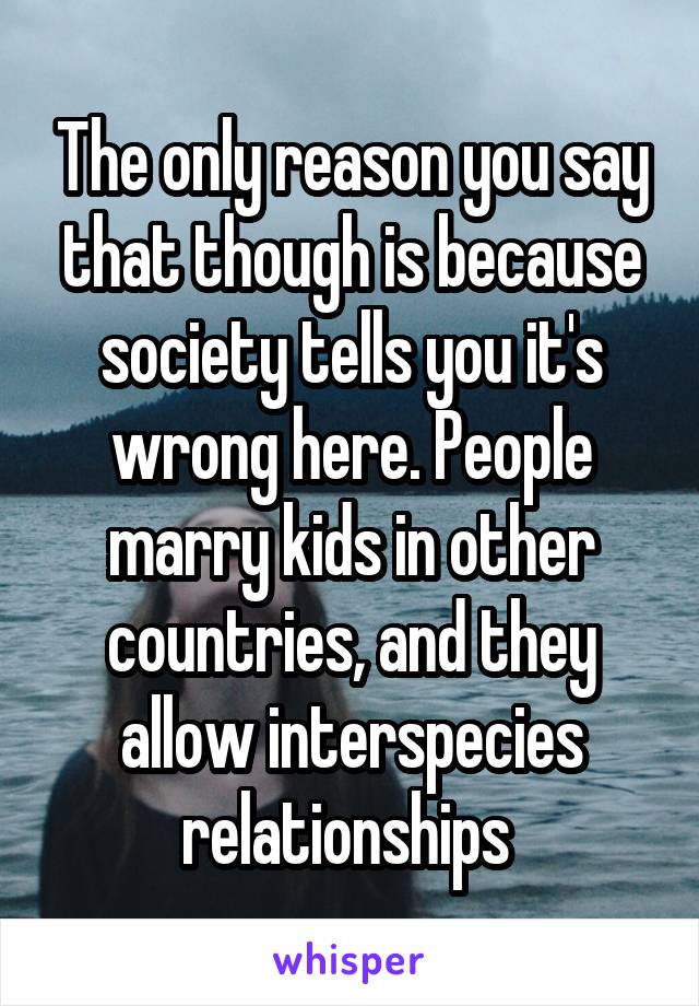The only reason you say that though is because society tells you it's wrong here. People marry kids in other countries, and they allow interspecies relationships 