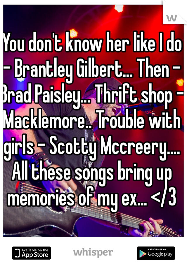 You don't know her like I do - Brantley Gilbert... Then - Brad Paisley... Thrift shop - Macklemore.. Trouble with girls - Scotty Mccreery.... 
All these songs bring up memories of my ex... </3