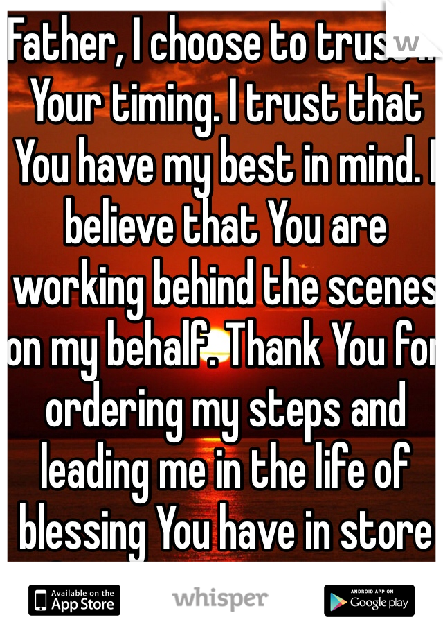 Father, I choose to trust in Your timing. I trust that You have my best in mind. I believe that You are working behind the scenes on my behalf. Thank You for ordering my steps and leading me in the life of blessing You have in store for me in Jesus’ name. Amen.
