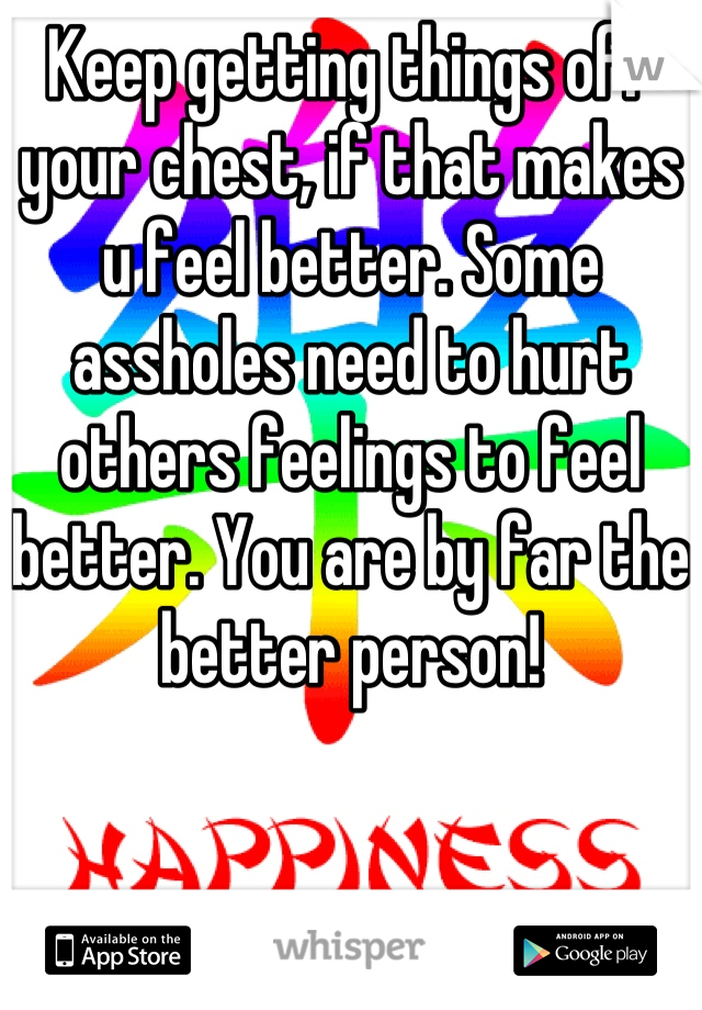 Keep getting things off your chest, if that makes u feel better. Some assholes need to hurt others feelings to feel better. You are by far the better person!