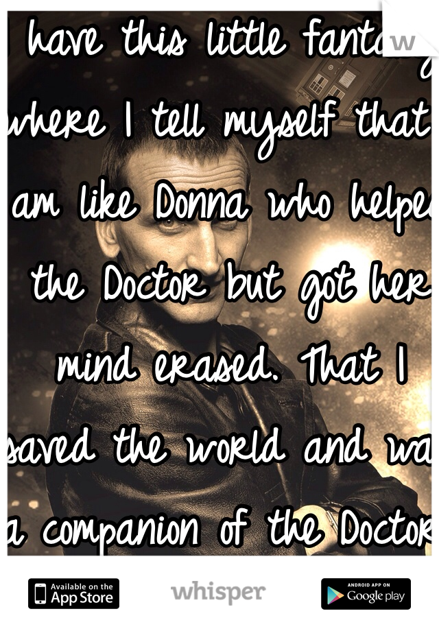I have this little fantasy where I tell myself that I am like Donna who helped the Doctor but got her mind erased. That I saved the world and was a companion of the Doctor. I just can't remember. 