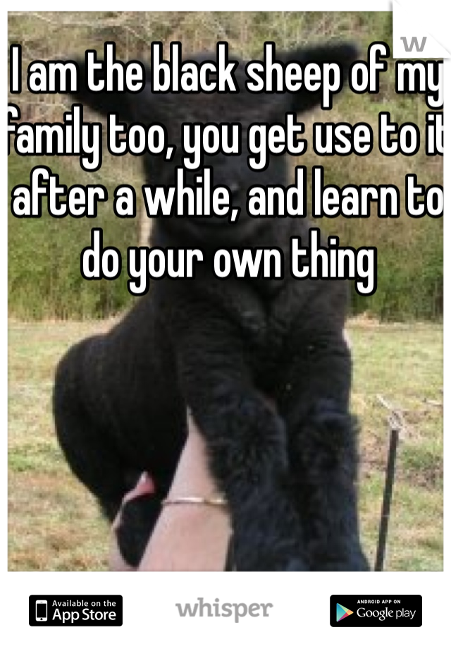 I am the black sheep of my family too, you get use to it after a while, and learn to do your own thing