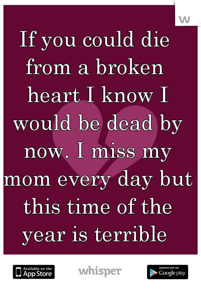 If you could die from a broken  heart I know I would be dead by now. I miss my mom every day but this time of the year is terrible 