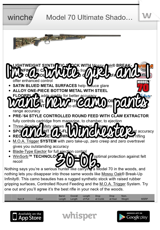 I'm a white girl and I want new camo pants and a Winchester 30-06.