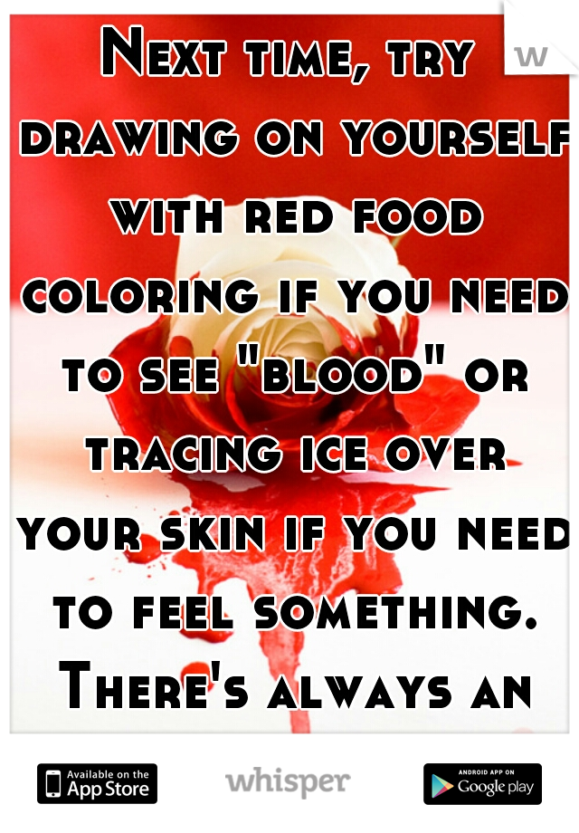 Next time, try drawing on yourself with red food coloring if you need to see "blood" or tracing ice over your skin if you need to feel something. There's always an alternative. :)