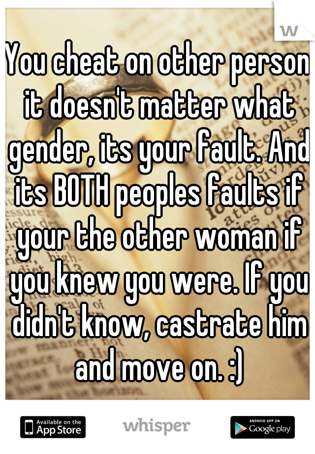 You cheat on other person it doesn't matter what gender, its your fault. And its BOTH peoples faults if your the other woman if you knew you were. If you didn't know, castrate him and move on. :)