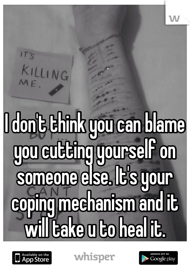 I don't think you can blame you cutting yourself on someone else. It's your coping mechanism and it will take u to heal it. 