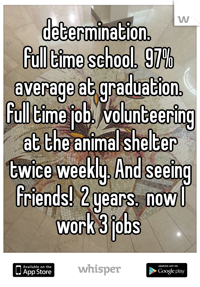 determination. 
full time school.  97% average at graduation.  full time job.  volunteering at the animal shelter twice weekly. And seeing friends!  2 years.  now I work 3 jobs 