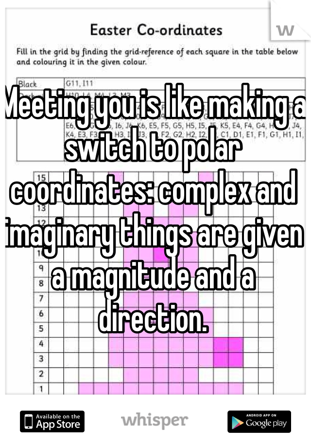 Meeting you is like making a switch to polar coordinates: complex and imaginary things are given a magnitude and a direction.
