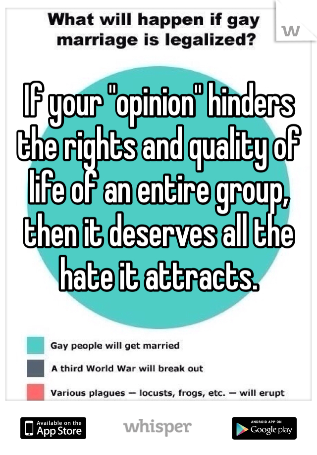 If your "opinion" hinders the rights and quality of life of an entire group, then it deserves all the hate it attracts.
