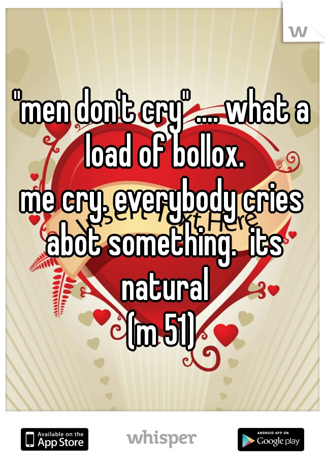 "men don't cry" .... what a load of bollox.
me cry. everybody cries abot something.  its natural
(m 51)