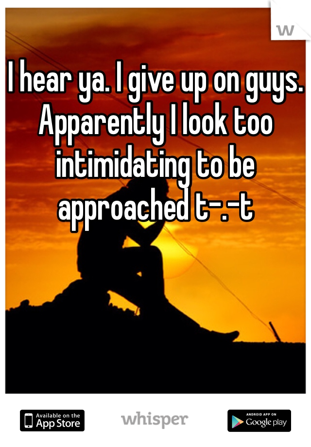 I hear ya. I give up on guys. Apparently I look too intimidating to be approached t-.-t