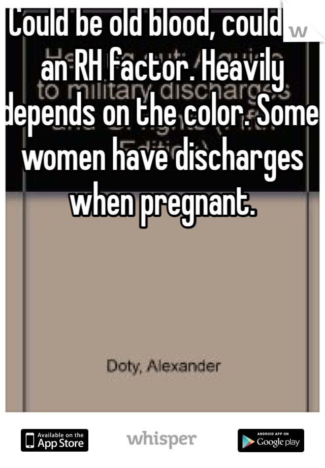 Could be old blood, could be an RH factor. Heavily depends on the color. Some women have discharges when pregnant.