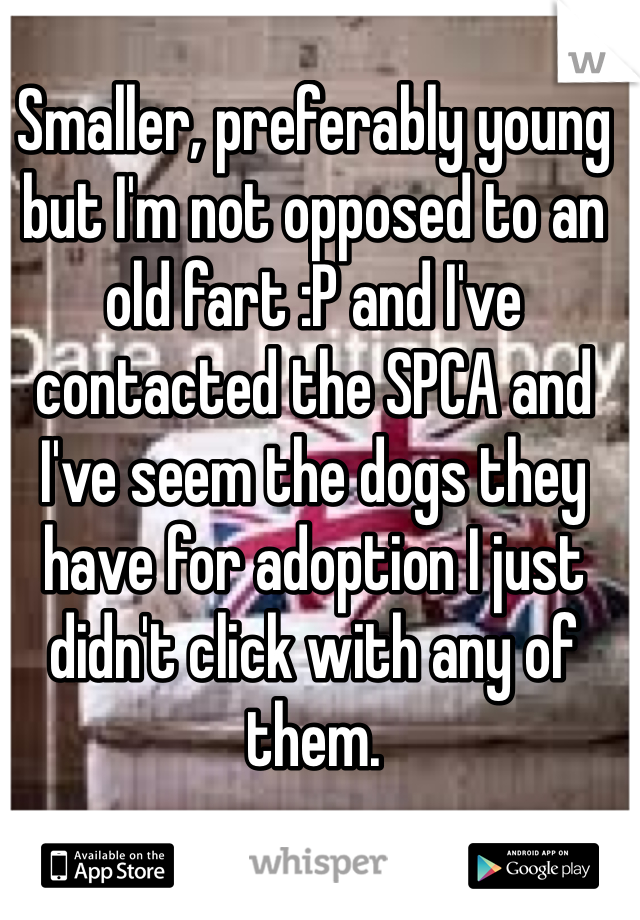 Smaller, preferably young but I'm not opposed to an old fart :P and I've contacted the SPCA and I've seem the dogs they have for adoption I just didn't click with any of them.