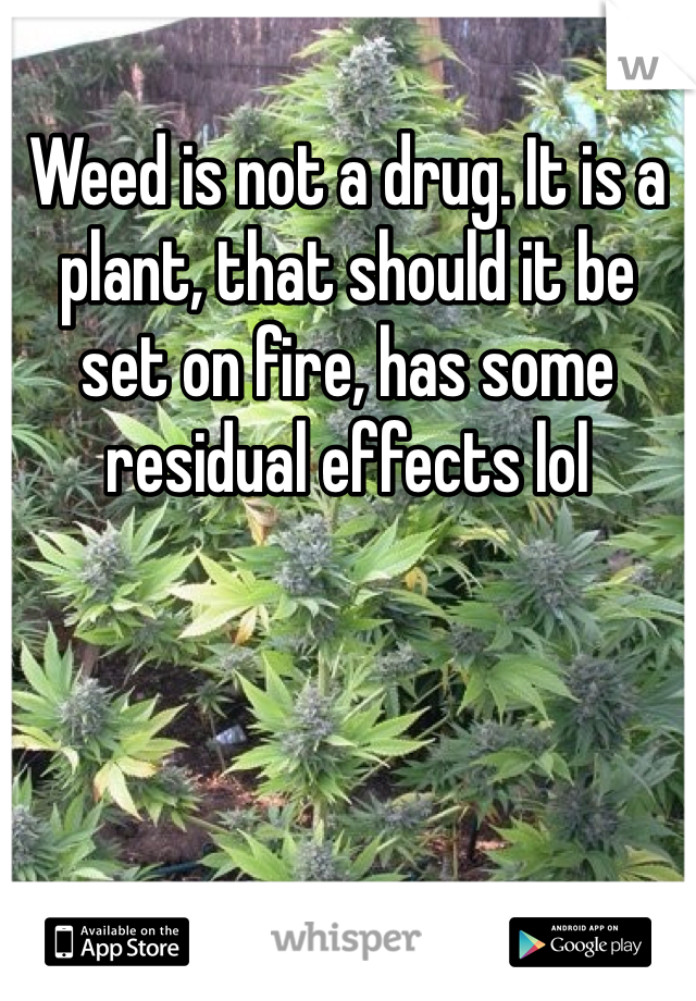 Weed is not a drug. It is a plant, that should it be set on fire, has some residual effects lol