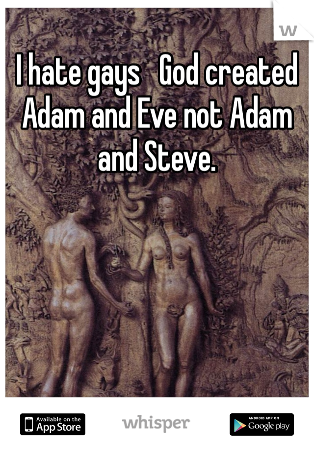 I hate gays   God created Adam and Eve not Adam and Steve. 