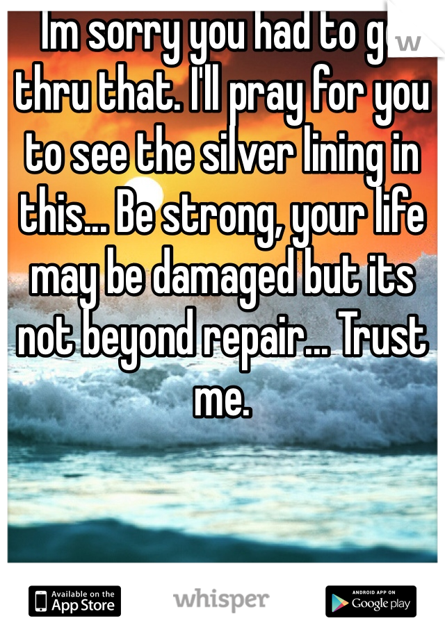 Im sorry you had to go thru that. I'll pray for you to see the silver lining in this... Be strong, your life may be damaged but its not beyond repair... Trust me. 