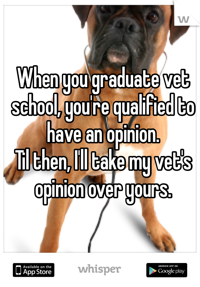 When you graduate vet school, you're qualified to have an opinion.
Til then, I'll take my vet's opinion over yours.