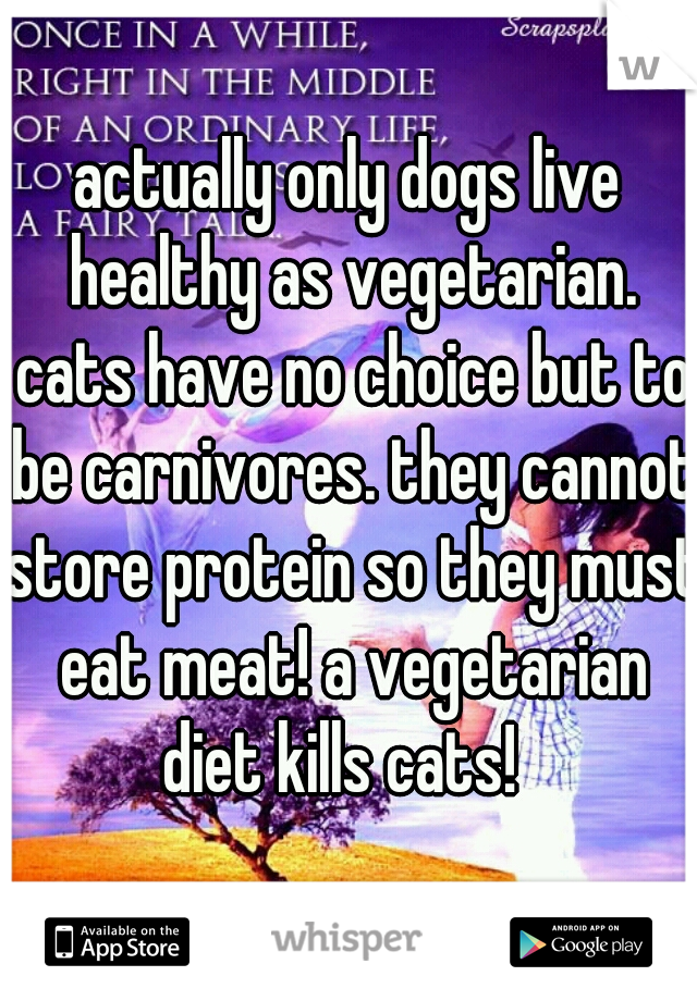 actually only dogs live healthy as vegetarian. cats have no choice but to be carnivores. they cannot store protein so they must eat meat! a vegetarian diet kills cats!  