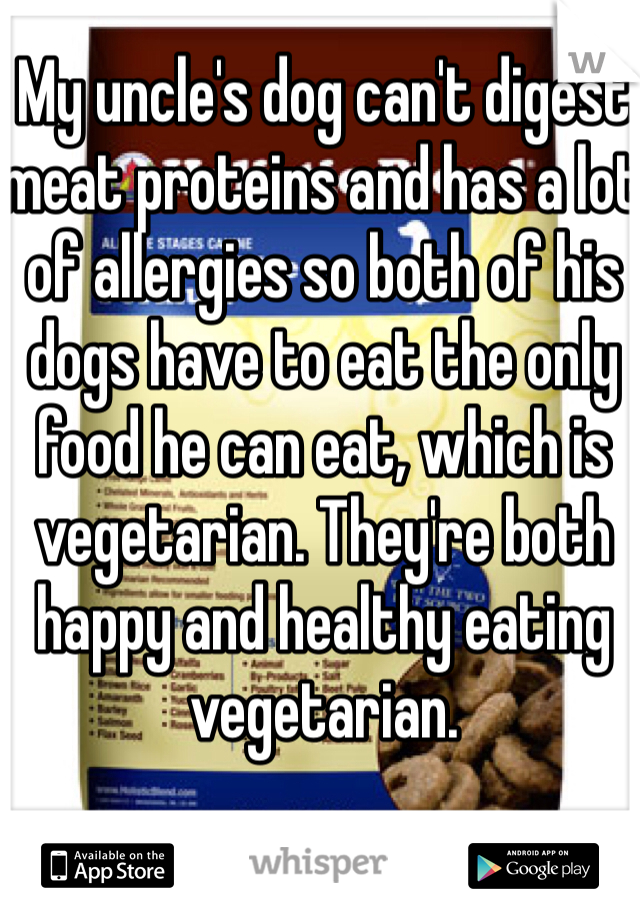 My uncle's dog can't digest meat proteins and has a lot of allergies so both of his dogs have to eat the only food he can eat, which is vegetarian. They're both happy and healthy eating vegetarian. 