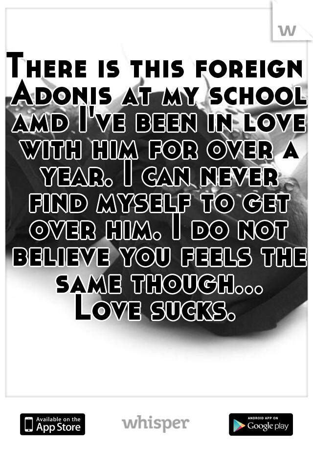 There is this foreign Adonis at my school amd I've been in love with him for over a year. I can never find myself to get over him. I do not believe you feels the same though... Love sucks. 