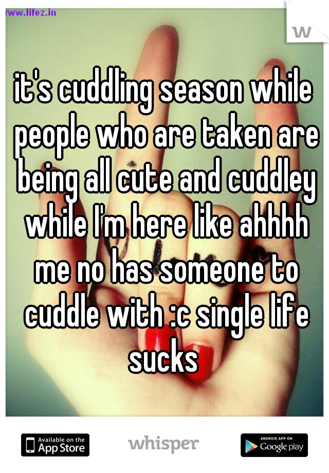 it's cuddling season while people who are taken are being all cute and cuddley while I'm here like ahhhh me no has someone to cuddle with :c single life sucks 