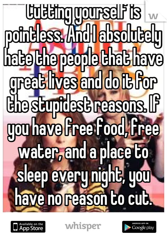 Cutting yourself is pointless. And I absolutely hate the people that have great lives and do it for the stupidest reasons. If you have free food, free water, and a place to sleep every night, you have no reason to cut.
