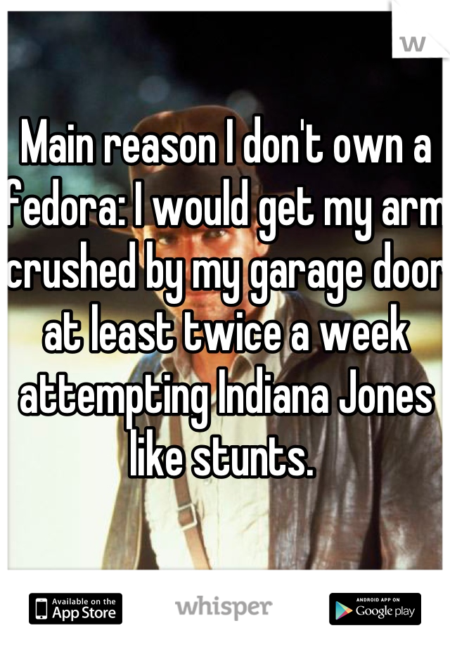 Main reason I don't own a fedora: I would get my arm crushed by my garage door at least twice a week attempting Indiana Jones like stunts. 