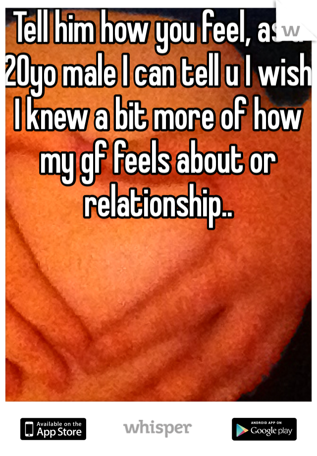Tell him how you feel, as a 20yo male I can tell u I wish I knew a bit more of how my gf feels about or relationship..