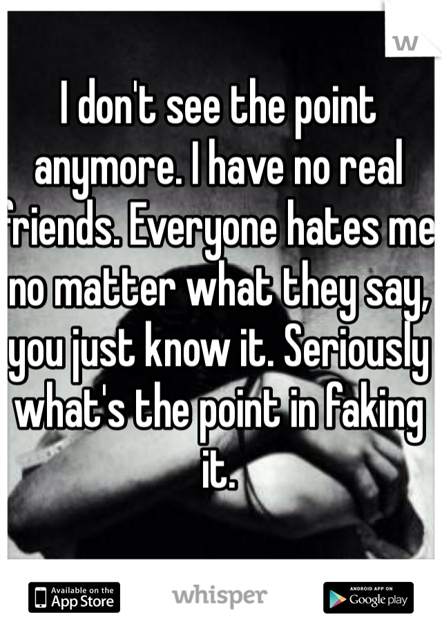 I don't see the point anymore. I have no real friends. Everyone hates me no matter what they say, you just know it. Seriously what's the point in faking it. 