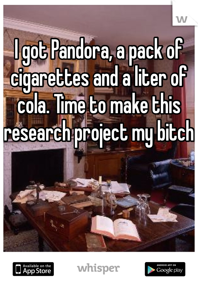 I got Pandora, a pack of cigarettes and a liter of cola. Time to make this research project my bitch