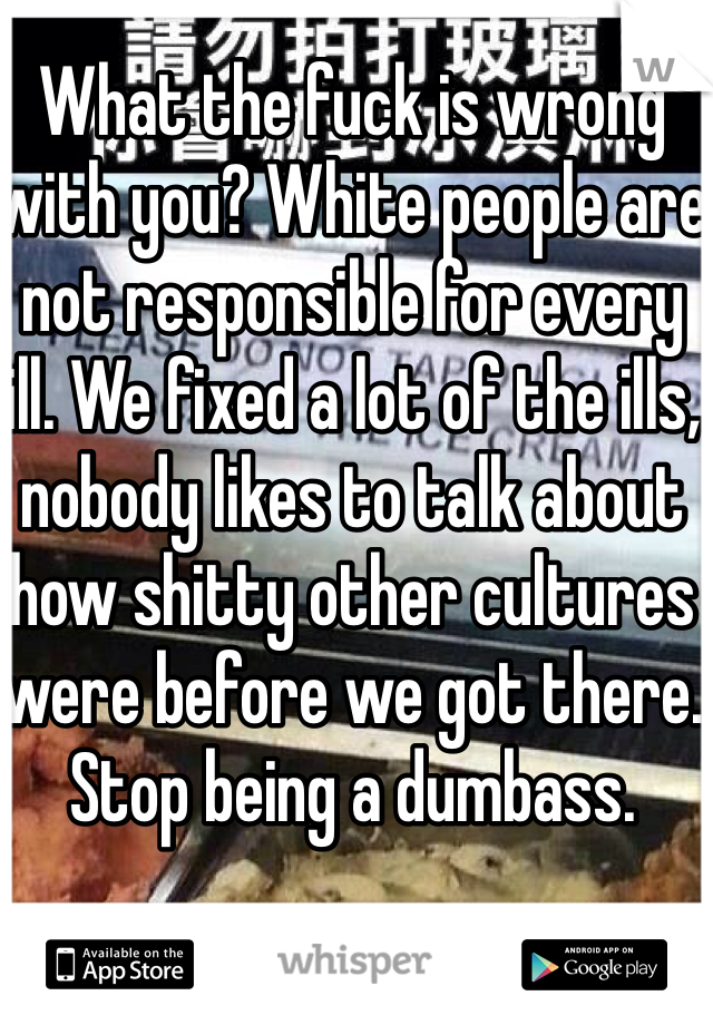 What the fuck is wrong with you? White people are not responsible for every ill. We fixed a lot of the ills, nobody likes to talk about how shitty other cultures were before we got there. Stop being a dumbass.