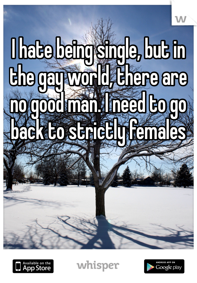I hate being single, but in the gay world, there are no good man. I need to go back to strictly females