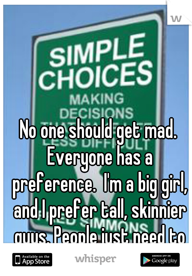 No one should get mad. Everyone has a preference.  I'm a big girl, and I prefer tall, skinnier guys. People just need to quit hating. fo sho