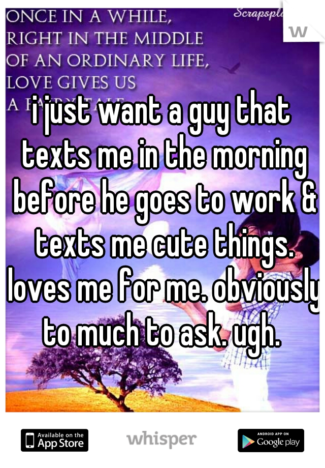 i just want a guy that texts me in the morning before he goes to work & texts me cute things. loves me for me. obviously to much to ask. ugh. 