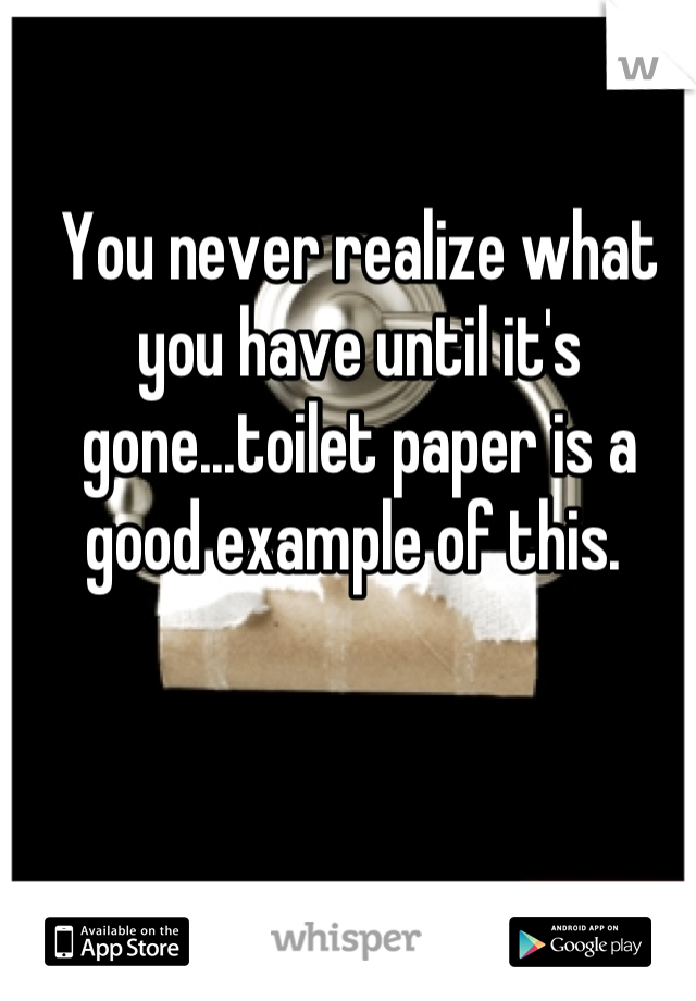 You never realize what you have until it's gone...toilet paper is a good example of this. 