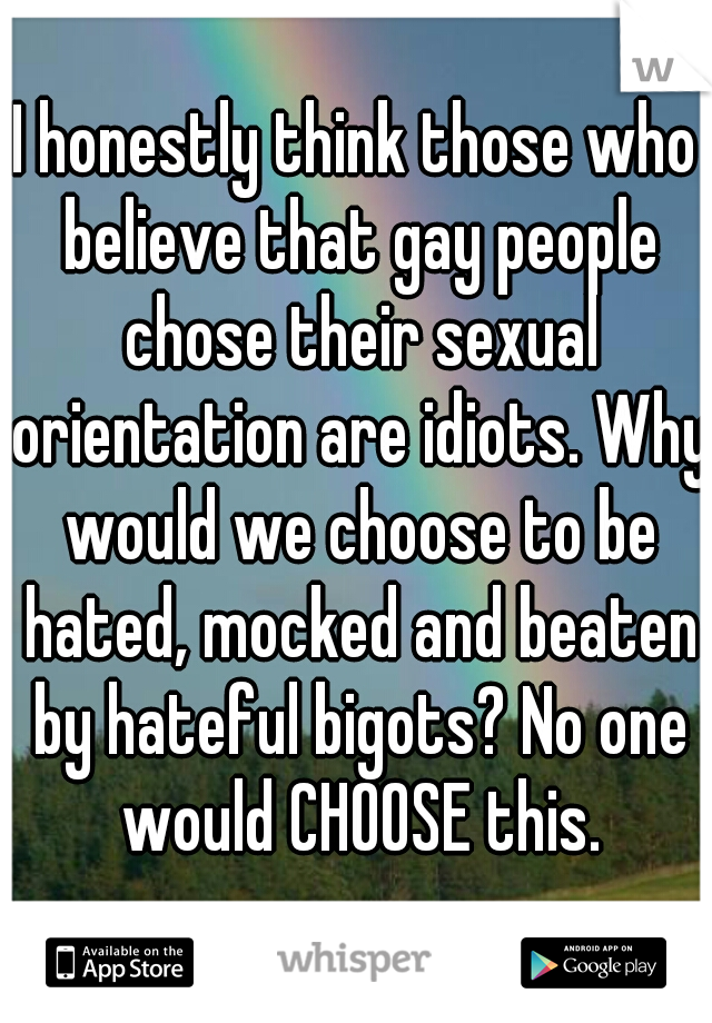I honestly think those who believe that gay people chose their sexual orientation are idiots. Why would we choose to be hated, mocked and beaten by hateful bigots? No one would CHOOSE this.