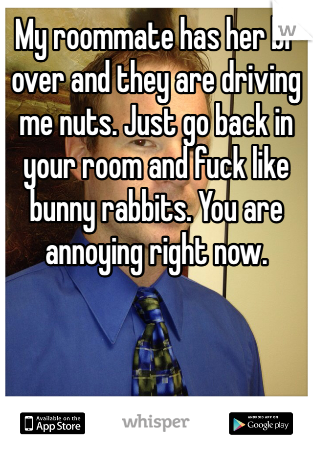 My roommate has her bf over and they are driving me nuts. Just go back in your room and fuck like bunny rabbits. You are annoying right now. 