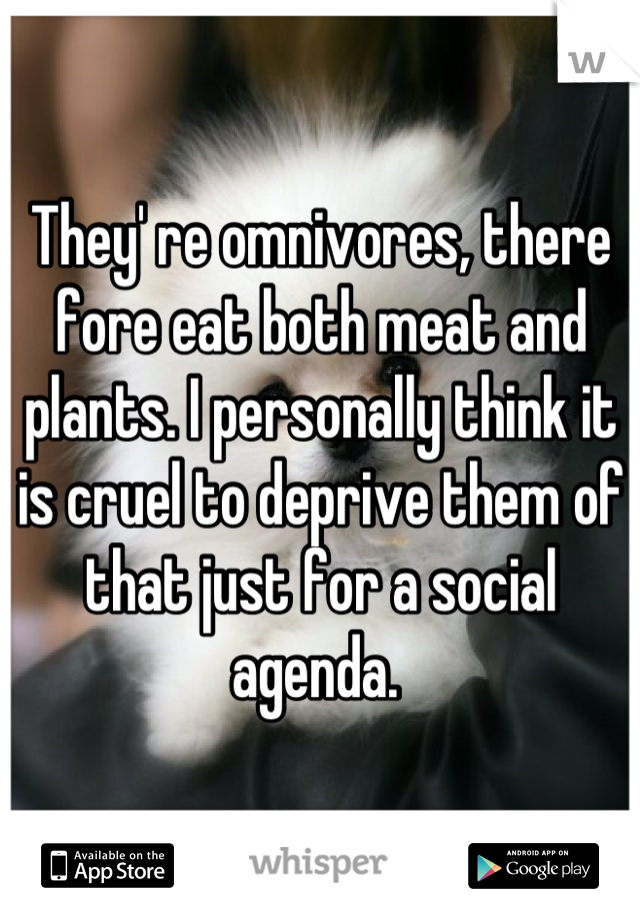 They' re omnivores, there fore eat both meat and plants. I personally think it is cruel to deprive them of that just for a social agenda. 