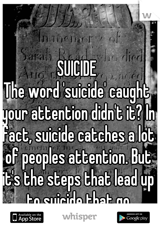 SUICIDE
The word 'suicide' caught your attention didn't it? In fact, suicide catches a lot of peoples attention. But it's the steps that lead up to suicide that go unnoticed.