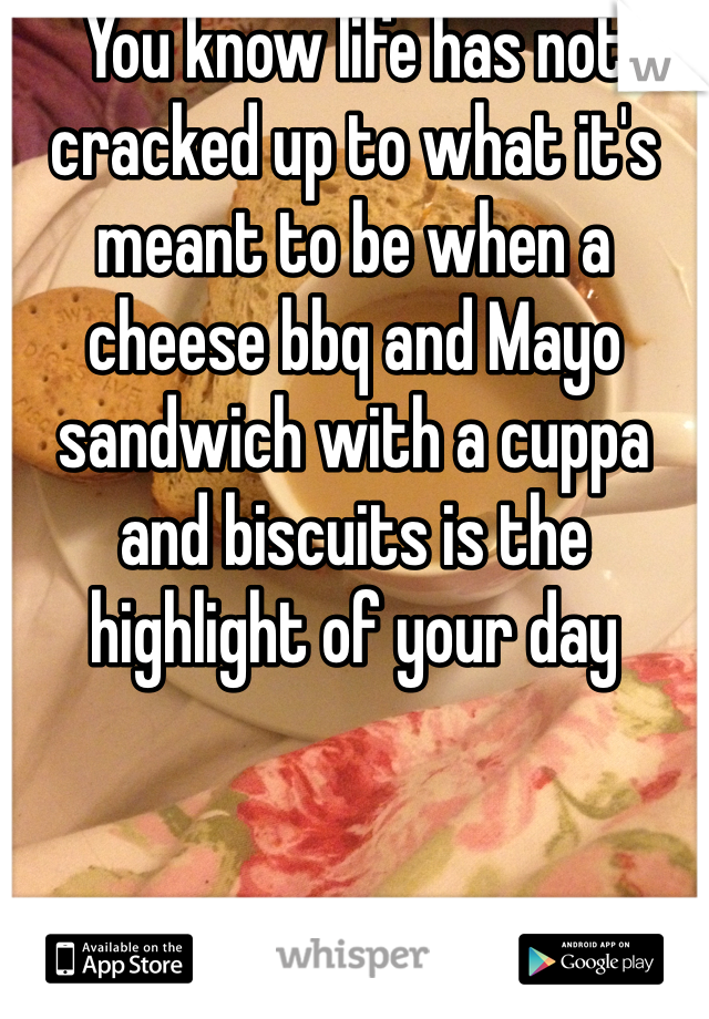 You know life has not cracked up to what it's meant to be when a cheese bbq and Mayo sandwich with a cuppa and biscuits is the highlight of your day 