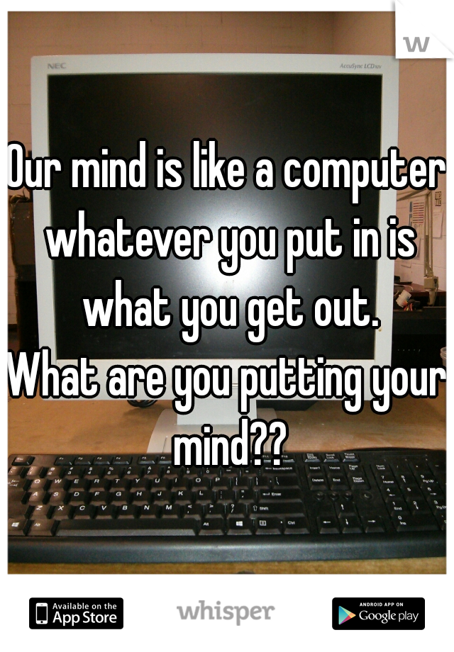 Our mind is like a computer whatever you put in is what you get out.

What are you putting your mind??
