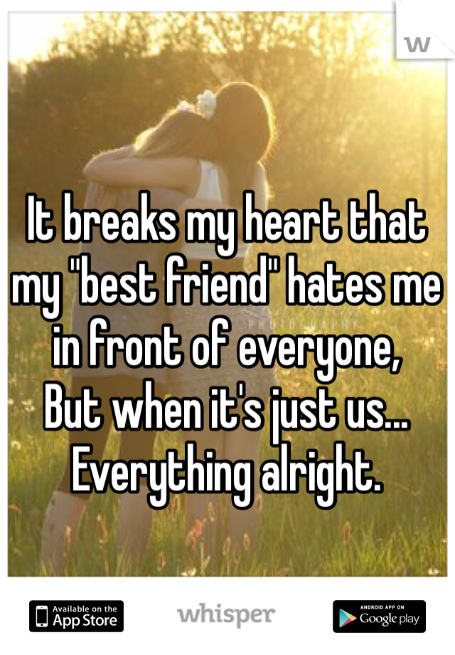It breaks my heart that my "best friend" hates me in front of everyone,
But when it's just us... Everything alright.