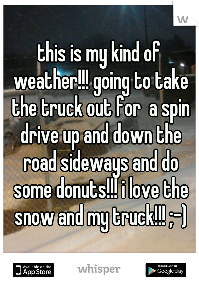 this is my kind of weather!!! going to take the truck out for  a spin drive up and down the road sideways and do some donuts!!! i love the snow and my truck!!! ;-)
