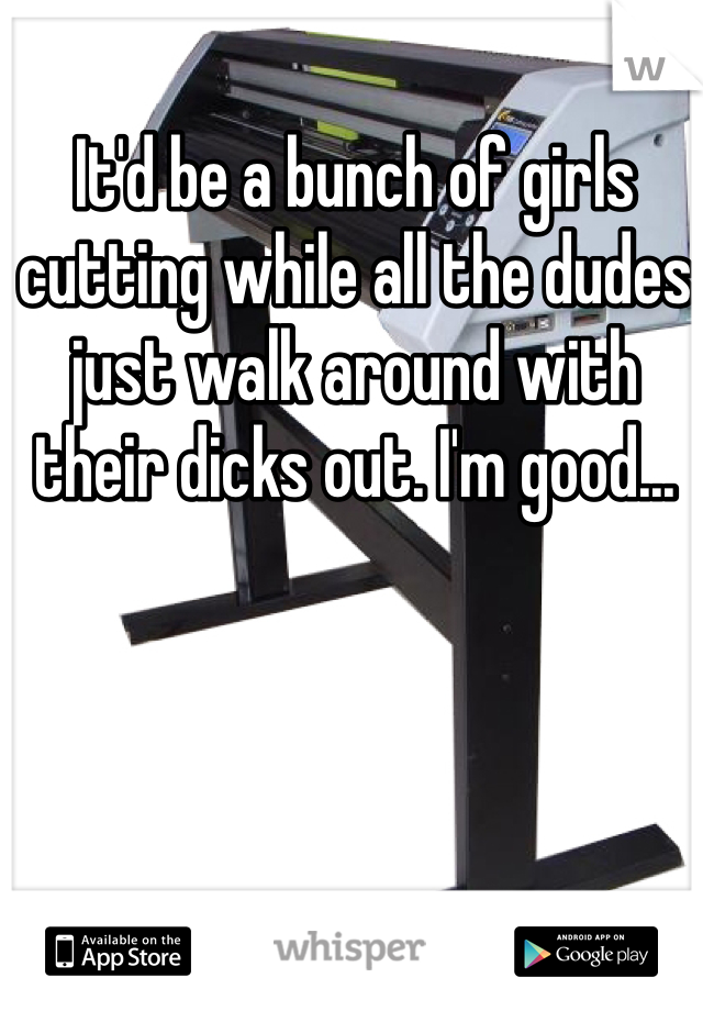It'd be a bunch of girls cutting while all the dudes just walk around with their dicks out. I'm good...