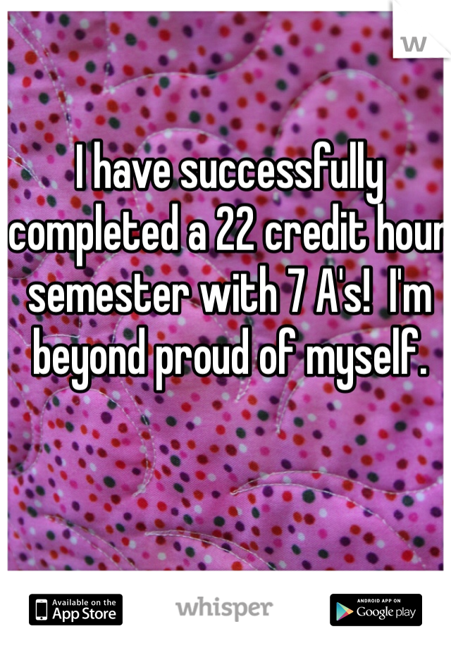 I have successfully completed a 22 credit hour semester with 7 A's!  I'm beyond proud of myself. 