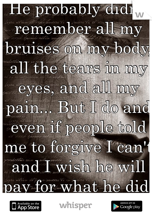 He probably didn't remember all my bruises on my body, all the tears in my eyes, and all my pain... But I do and even if people told me to forgive I can't and I wish he will pay for what he did!