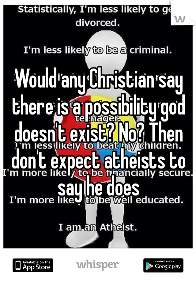 Would any Christian say there is a possibility god doesn't exist? No? Then don't expect atheists to say he does 