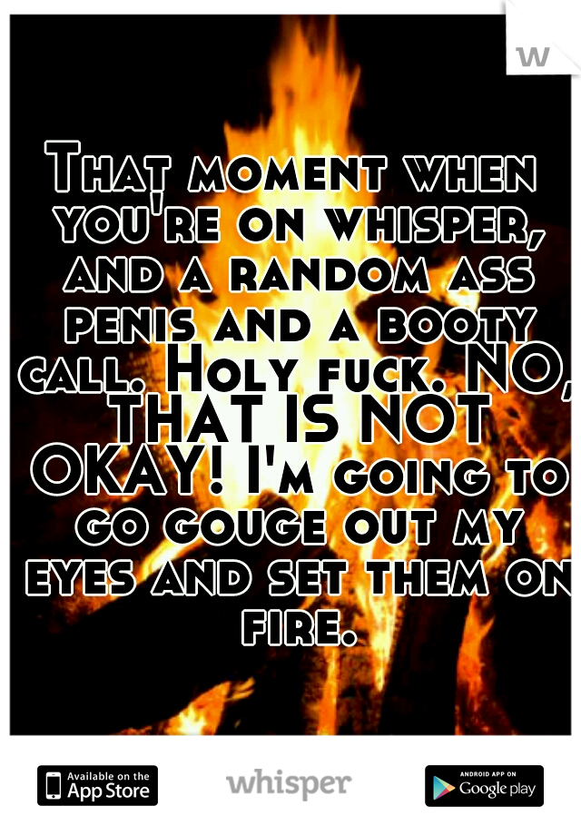 That moment when you're on whisper, and a random ass penis and a booty call. Holy fuck. NO, THAT IS NOT OKAY! I'm going to go gouge out my eyes and set them on fire.